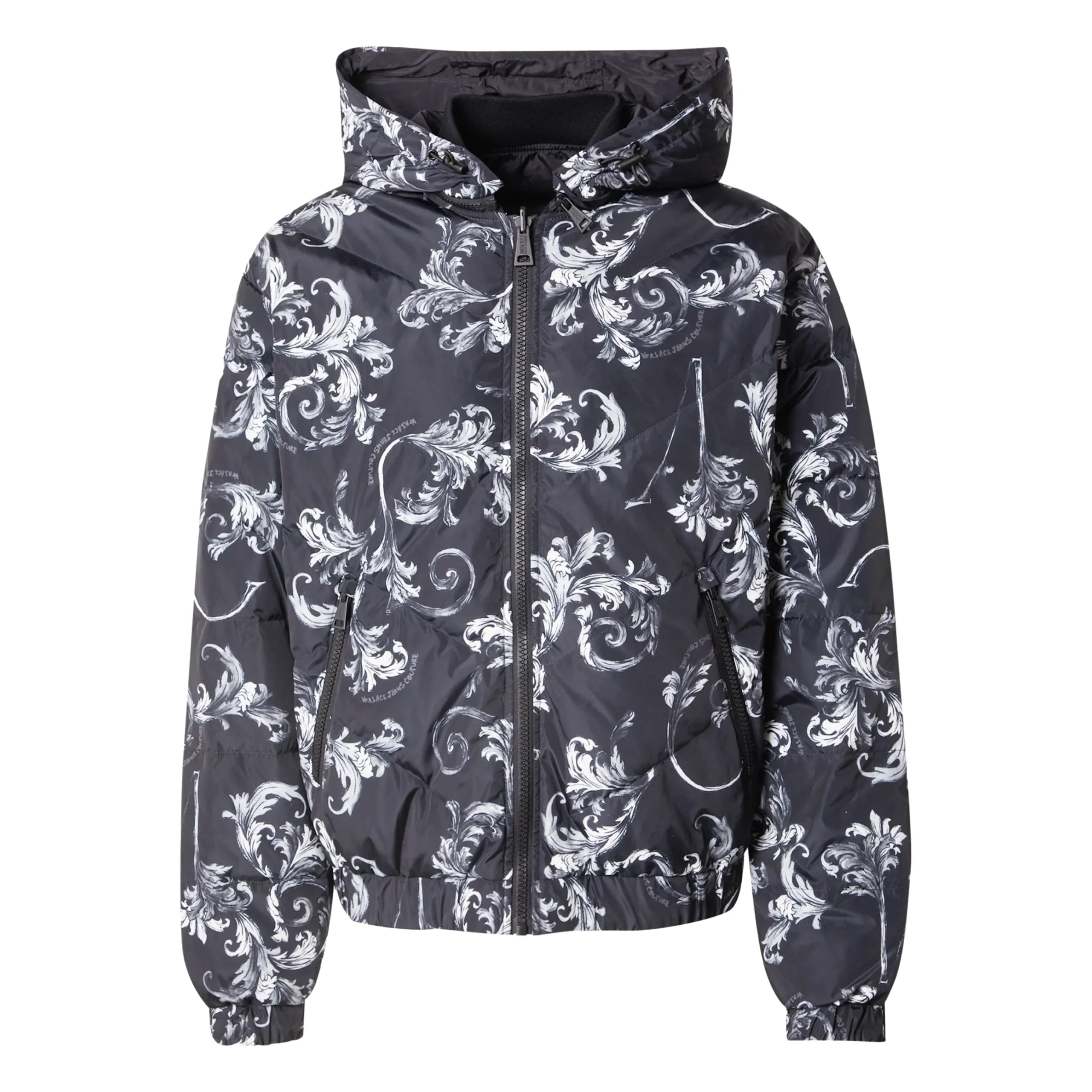 Versace Jeans Couture Barocco Print Between-Season Jacket in black, featuring a reversible design, ribbed crewneck, and zip closure for a stylish and practical outerwear option, available at Lestyle Boutique.