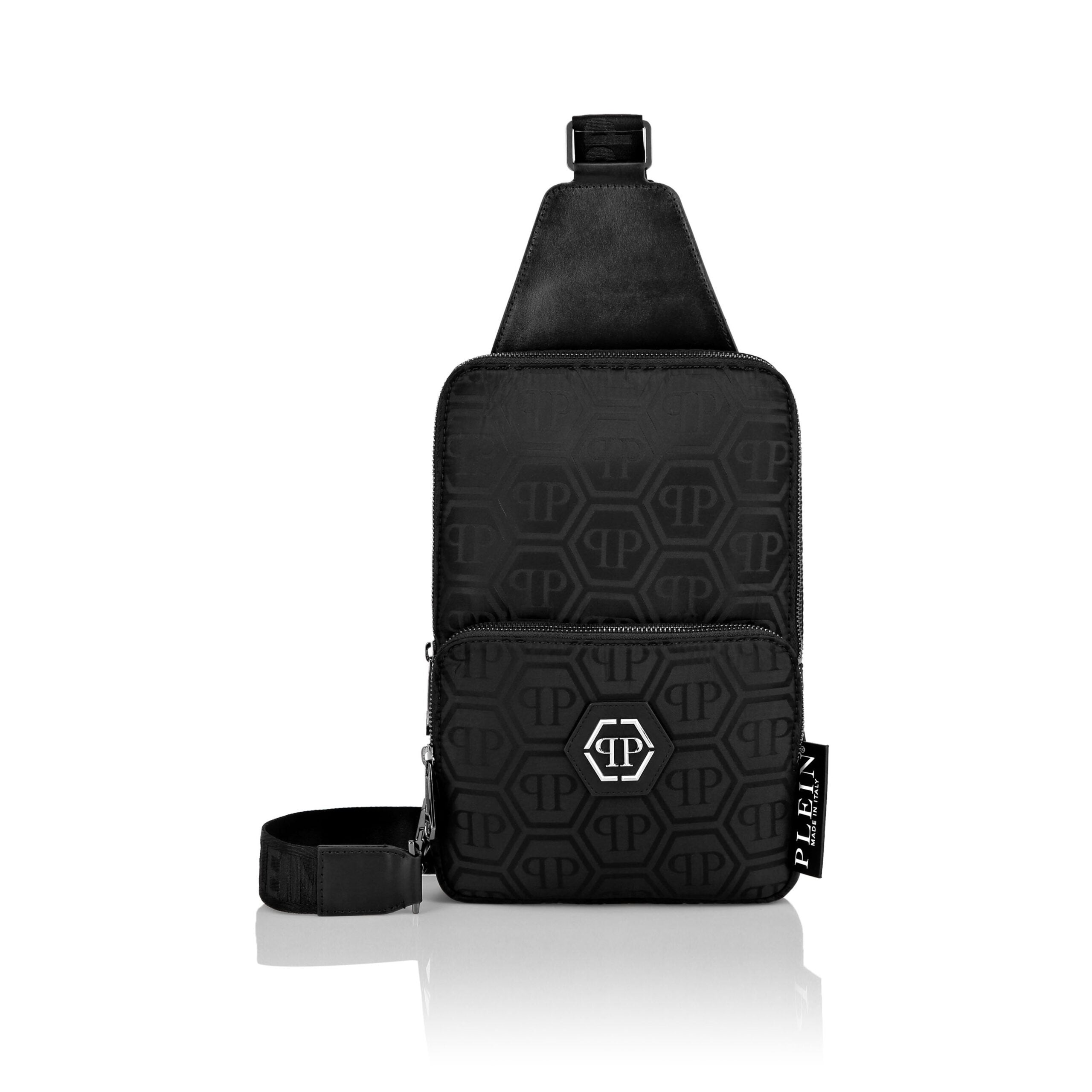 Philipp Plein black nylon jacquard crossbody bag with PP Hexagon logo, available at Lestyle Boutique.