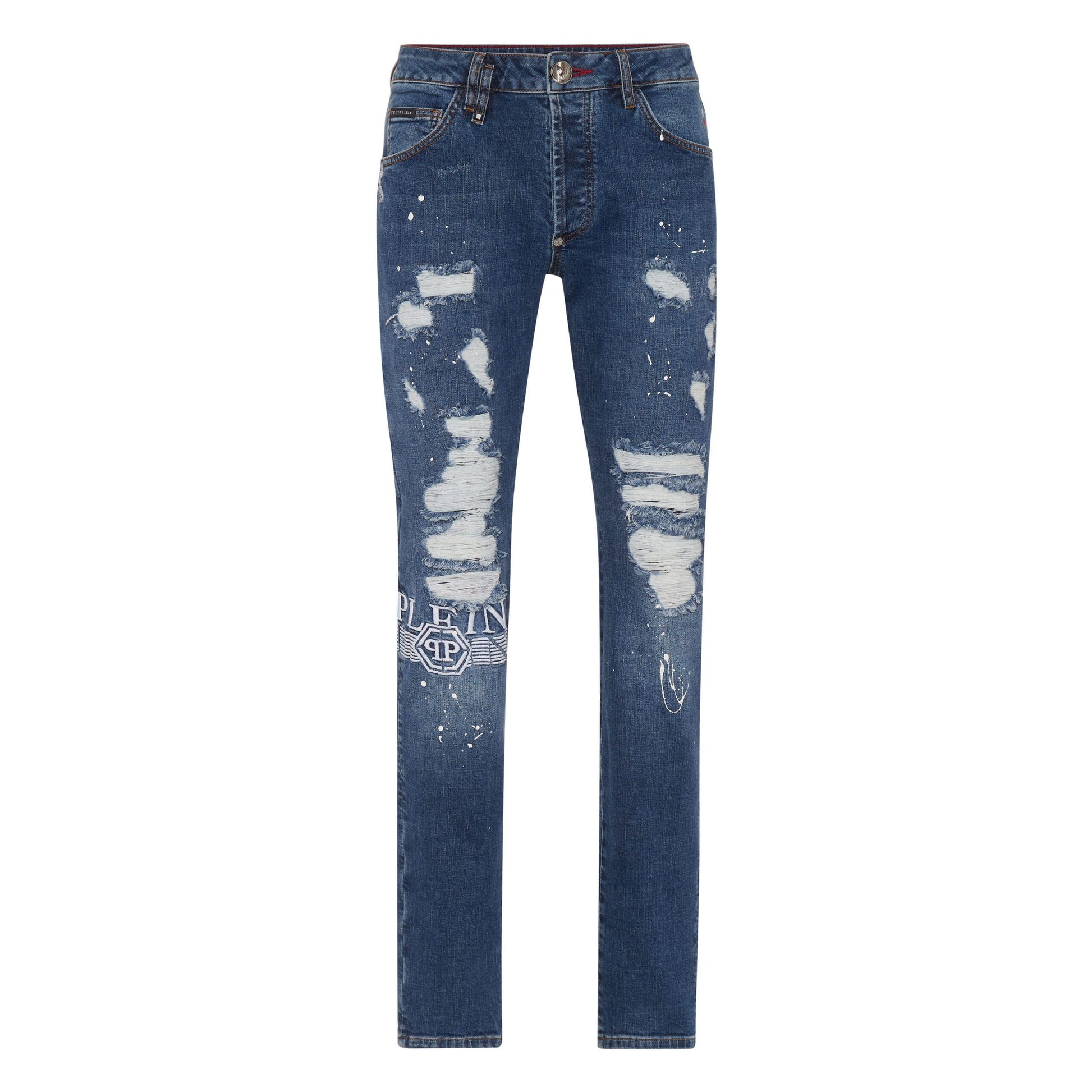 Philipp Plein distressed blue super straight cut denim trousers with logo detailing, available at Lestyle Boutique.