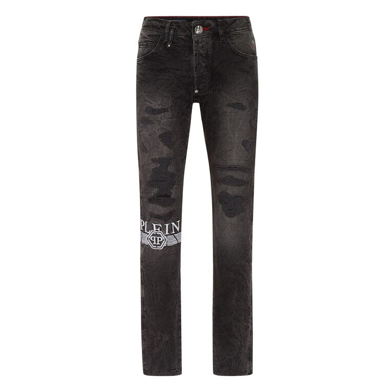 Philipp Plein black distressed super straight-cut jeans with logo detailing, available at Lestyle Boutique.