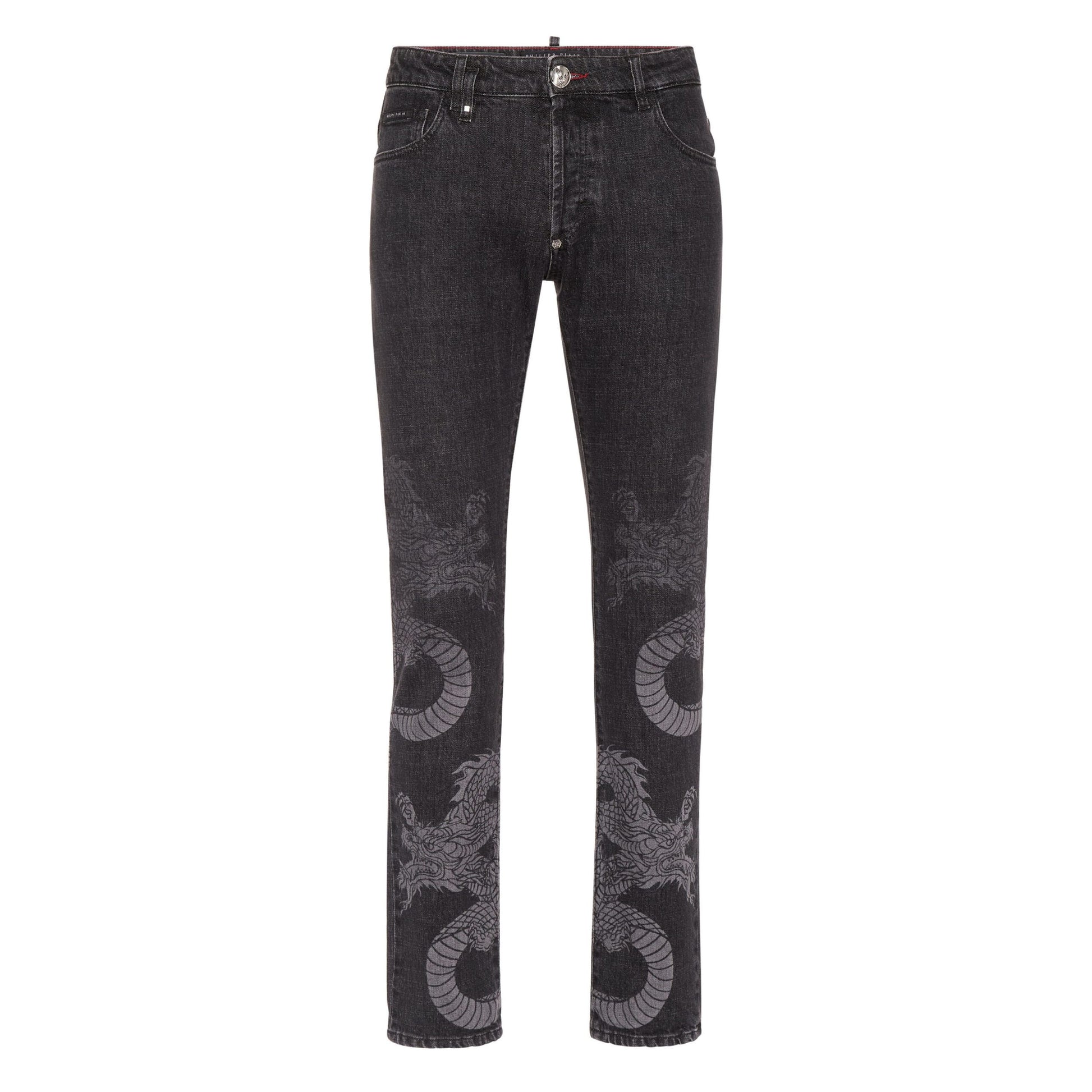 Philipp Plein super straight cut jeans in washed black with dragon shadow print, available at Lestyle Boutique.