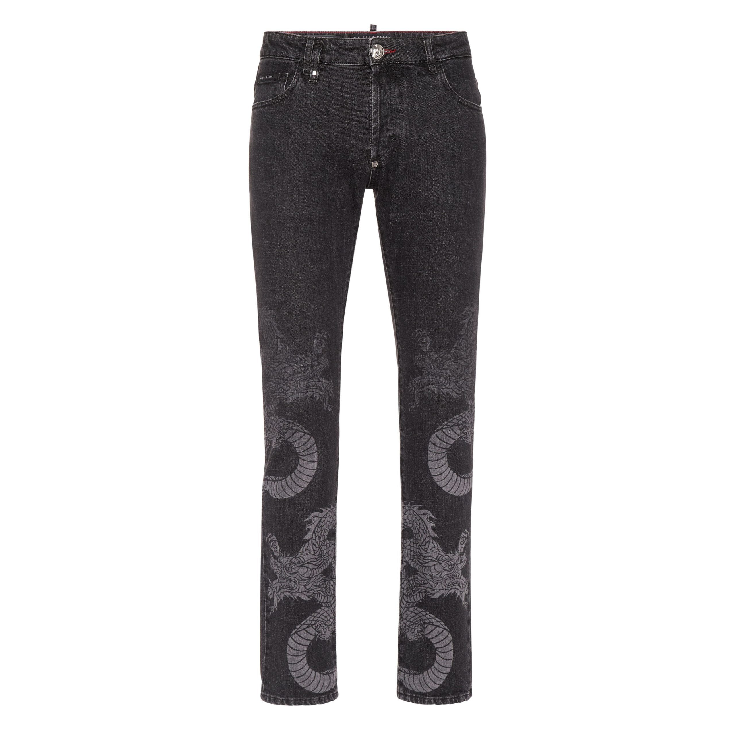 Philipp Plein super straight cut jeans in washed black with dragon shadow print, available at Lestyle Boutique.
