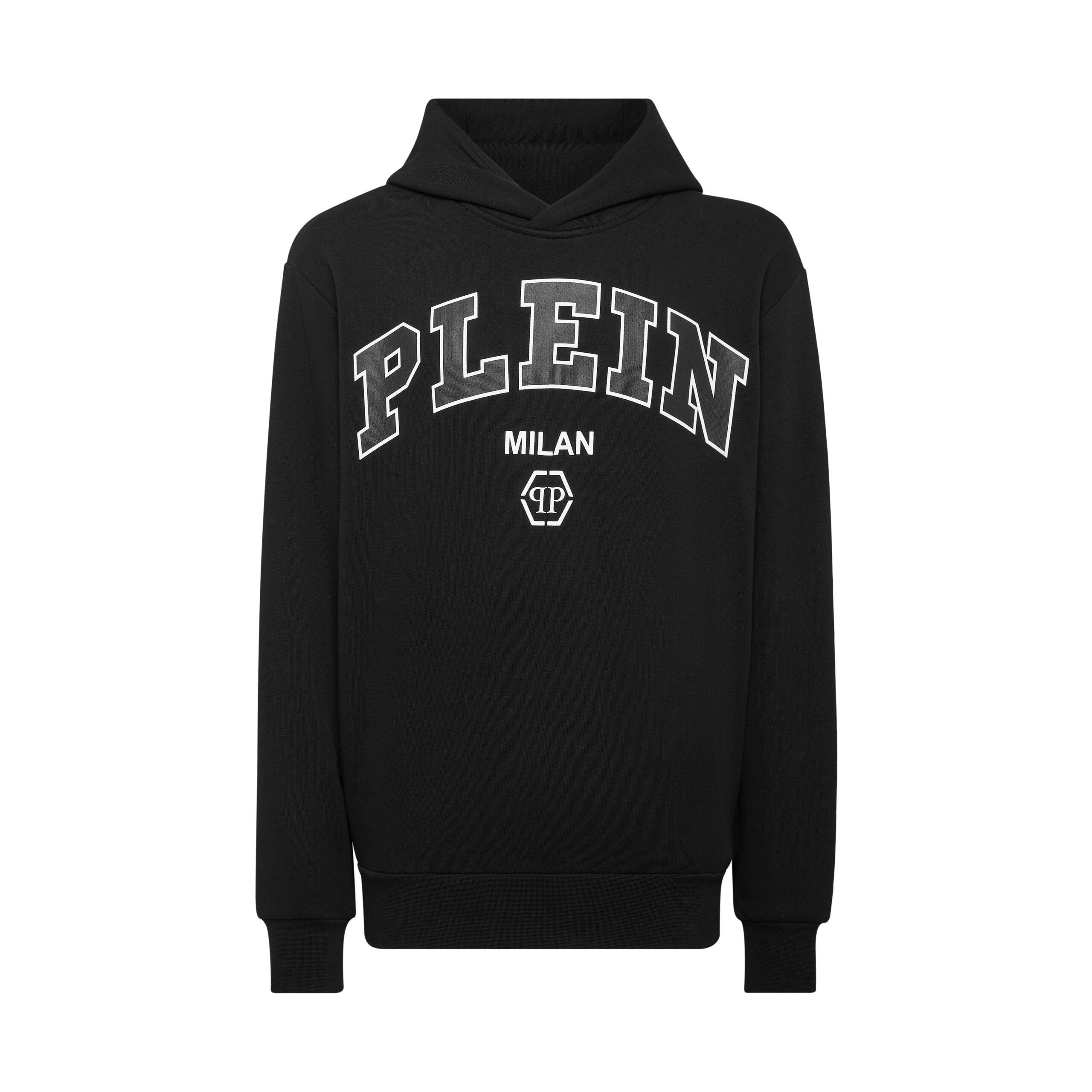 Philipp Plein black College hoodie with "PLEIN MILAN" logo, available at Lestyle Boutique.