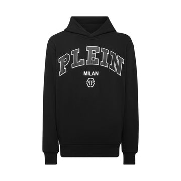 Philipp Plein black College hoodie with "PLEIN MILAN" logo, available at Lestyle Boutique.