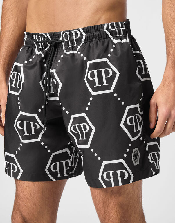 PHILIPP PLEIN SWIM SHORTS featuring monogram print available at Lestyle Boutique Melbourne