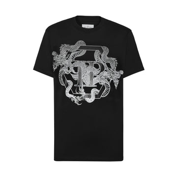 Philipp Plein black T-shirt with dragon and hexagon graphic, available at Lestyle Boutique.