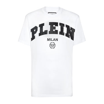 Philipp Plein white T-shirt with "PLEIN MILAN" logo, available at Lestyle Boutique.