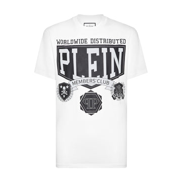 Philipp Plein white T-shirt with "PLEIN MEMBERS CLUB" graphic and coat of arms, available at Lestyle Boutique.
