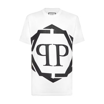 Philipp Plein white T-shirt with large PP Hexagon logo, available at Lestyle Boutique.