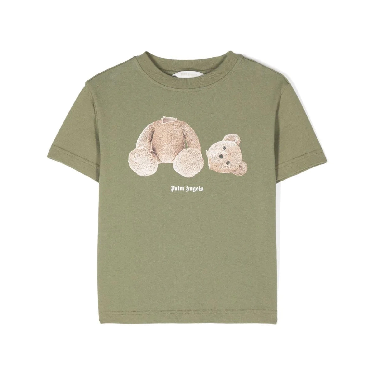 Palm Angels Kids Broken Bear T-shirt in olive green with bear graphic, available at Lestyle Boutique Melbourne.