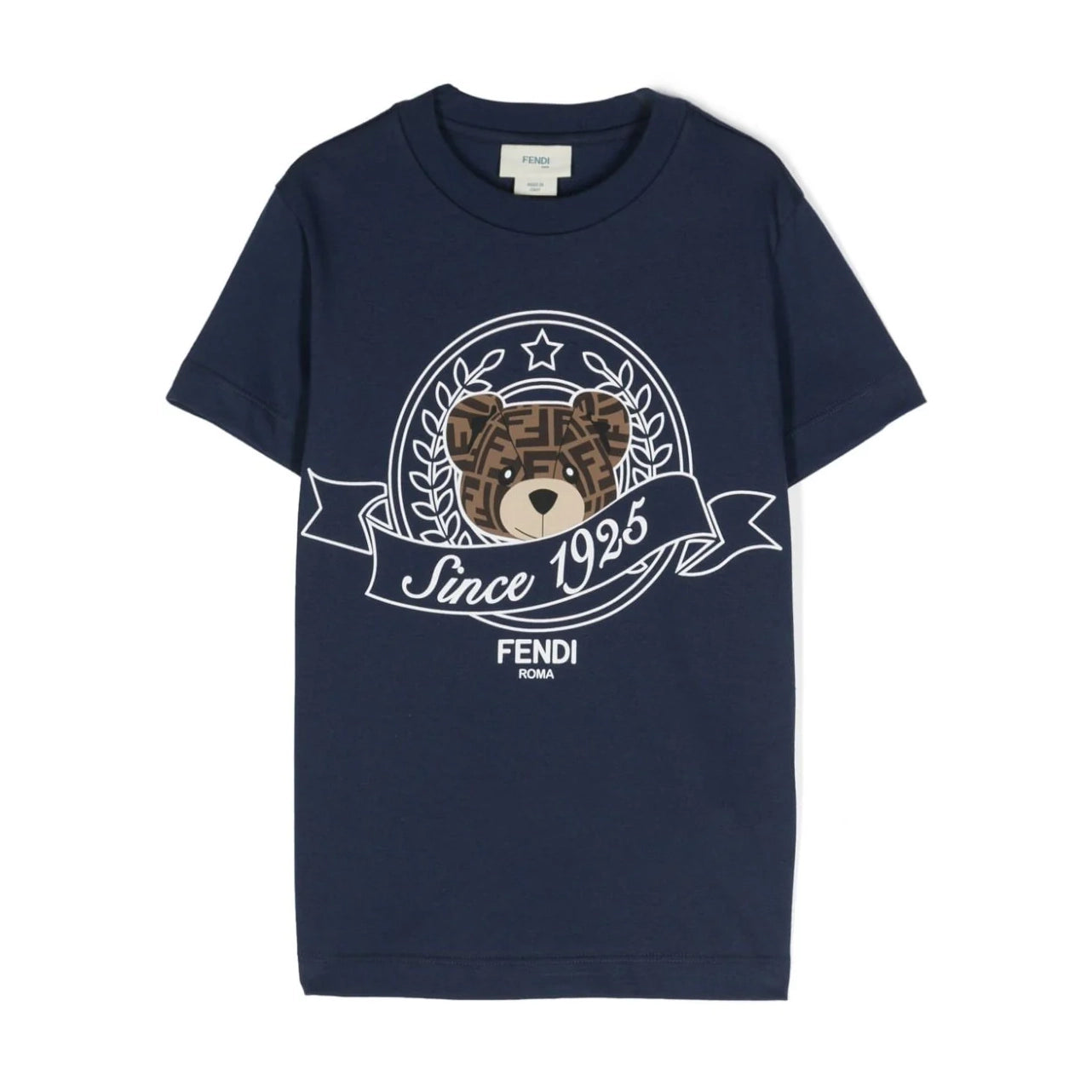 Fendi Kids navy t-shirt featuring a teddy bear graphic and "Since 1925" design, blending classic style with playful charm, available at Lestyle Boutique Melbourne.