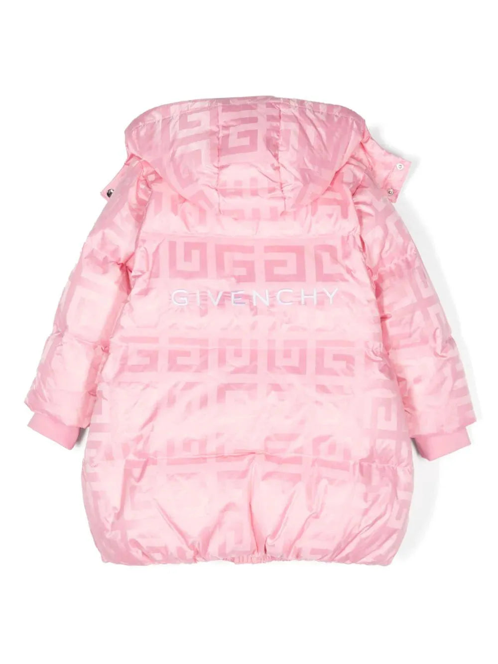 Givenchy Kids pink down jacket with an all-over 4G motif, hood, zip closure, and goose down padding, made from polyamide, available at Lestyle Boutique 136 Little Collins St.