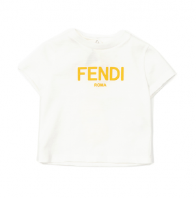 White t-shirt with yellow Fendi logo on a white background