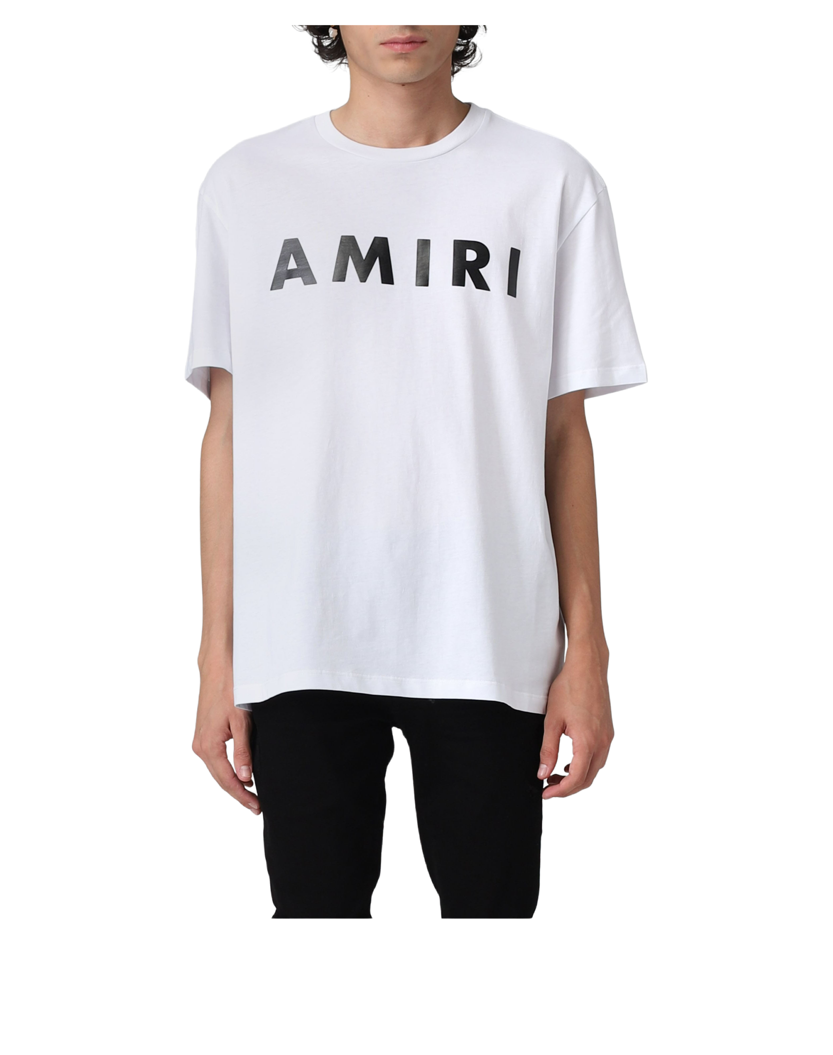 Amiri white cotton t-shirt featuring a bold black logo print across the chest. This premium designer piece showcases a relaxed fit and classic crew neck design, perfect for casual wear. The high-quality cotton fabric ensures comfort and durability, making it an ideal choice for everyday style or special occasions. Elevate your wardrobe with this luxury essential, available at Lestyle Boutique Melbourne.