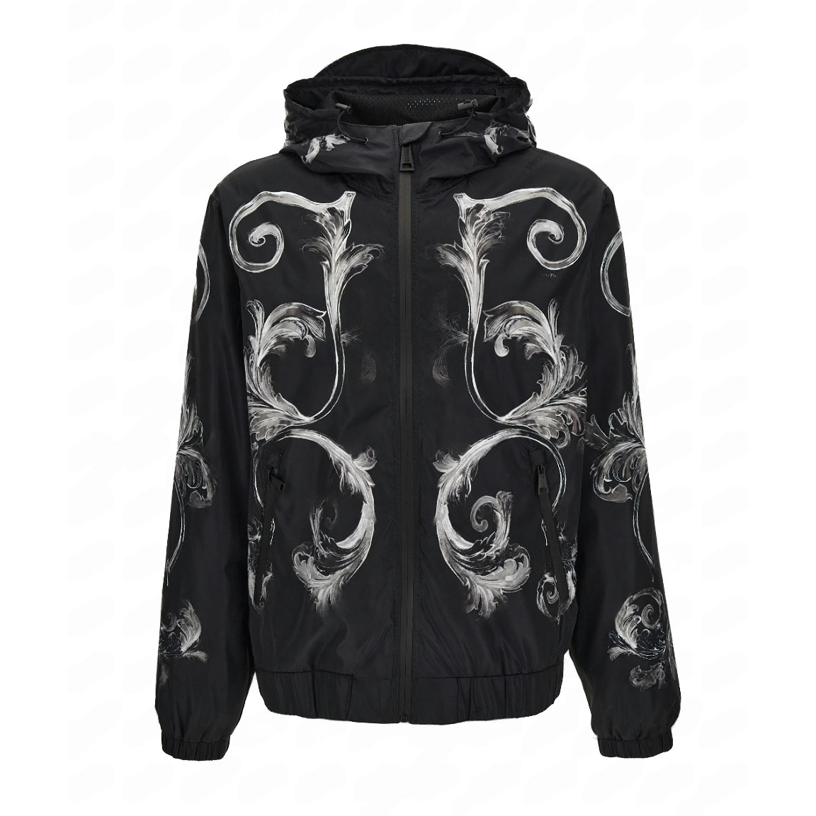 Versace Jeans Couture Outline Barocco Jacket in black and grey, featuring a striking all-over print, hooded design, and premium materials, available at Lestyle Boutique.