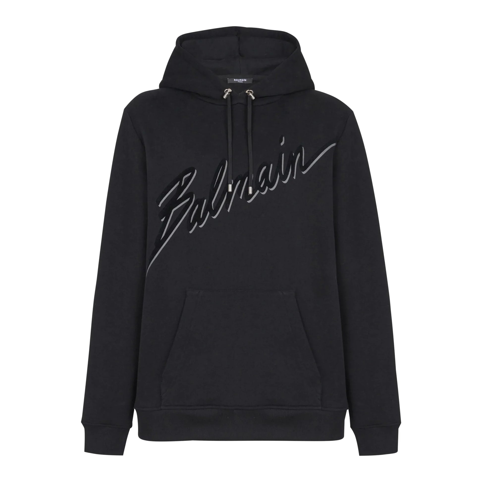 Premium Balmain black hoodie featuring a signature flocked logo across the chest. This luxury designer piece showcases a comfortable fit with a practical front kangaroo pocket, crafted from high-quality cotton blend for ultimate softness. Perfect for casual outings or lounging, this stylish hoodie is a must-have for fashion-forward individuals, available at Lestyle Boutique Melbourne.