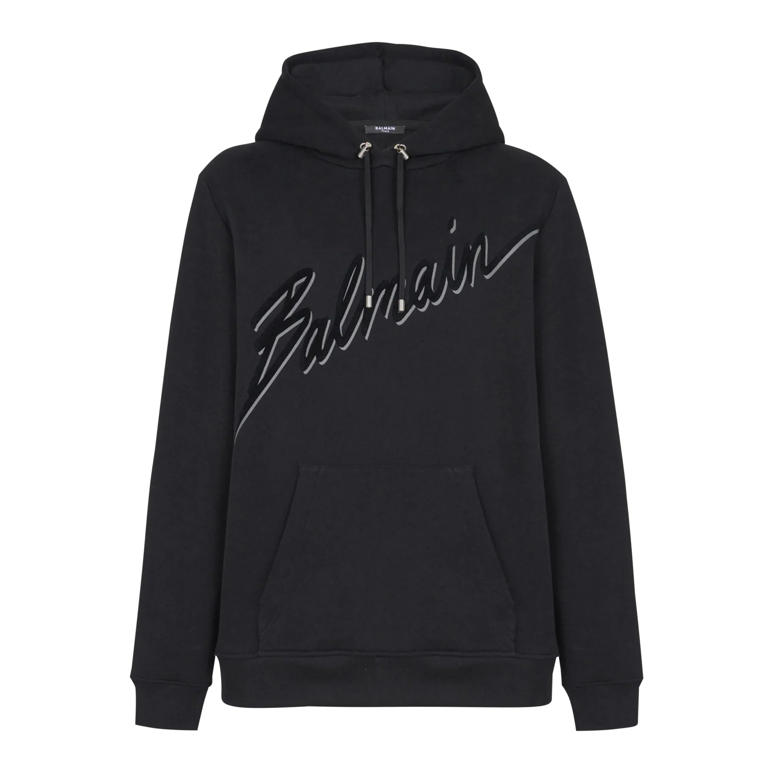 Premium Balmain black hoodie featuring a signature flocked logo across the chest. This luxury designer piece showcases a comfortable fit with a practical front kangaroo pocket, crafted from high-quality cotton blend for ultimate softness. Perfect for casual outings or lounging, this stylish hoodie is a must-have for fashion-forward individuals, available at Lestyle Boutique Melbourne.