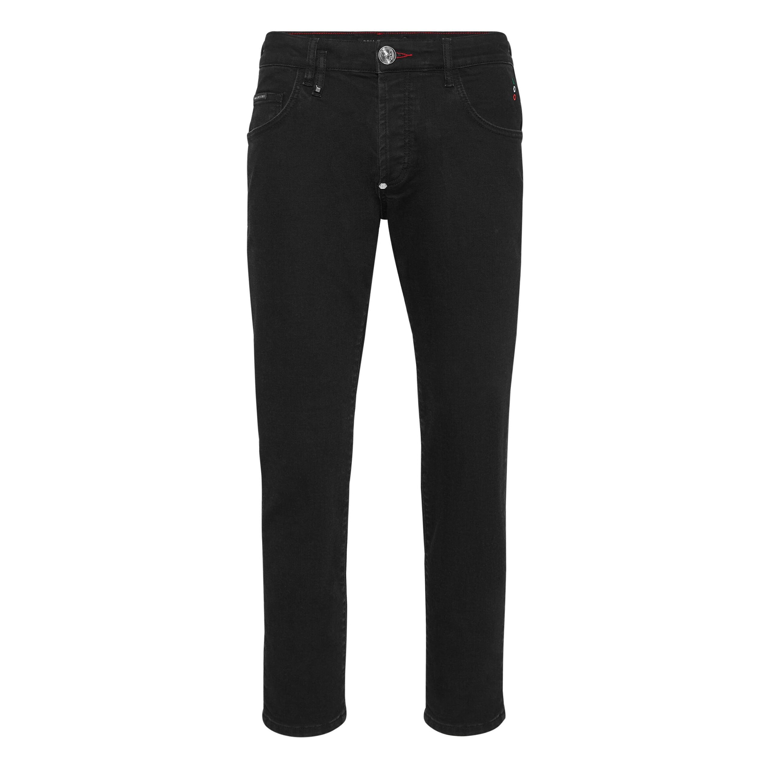 Philipp Plein black skinny-fit denim trousers with embroidered patch and stone-washed finish, available at Lestyle Boutique.