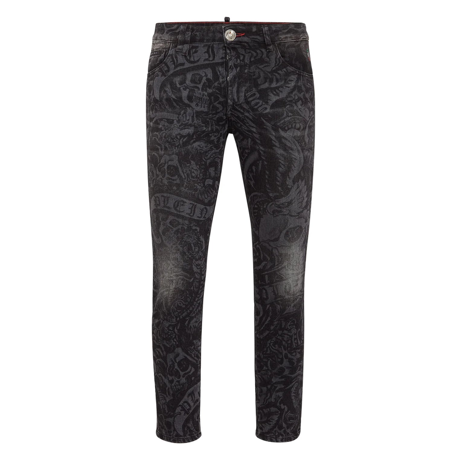 Philipp Plein black tattoo print skinny-fit denim trousers with intricate laser-printed pattern and signature branding, available at Lestyle Boutique.