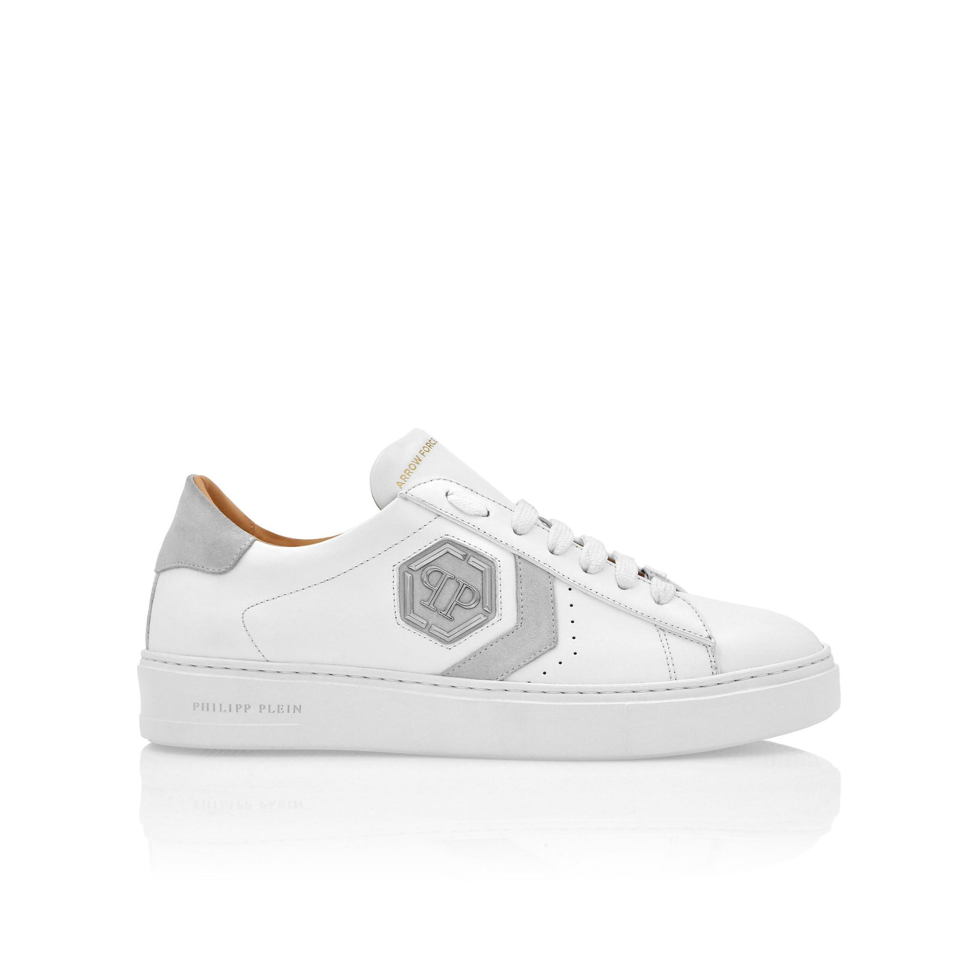 Philipp Plein white Lo-Top Leather Arrow Force sneakers with PP Hexagon logo and suede accents, available at Lestyle Boutique.