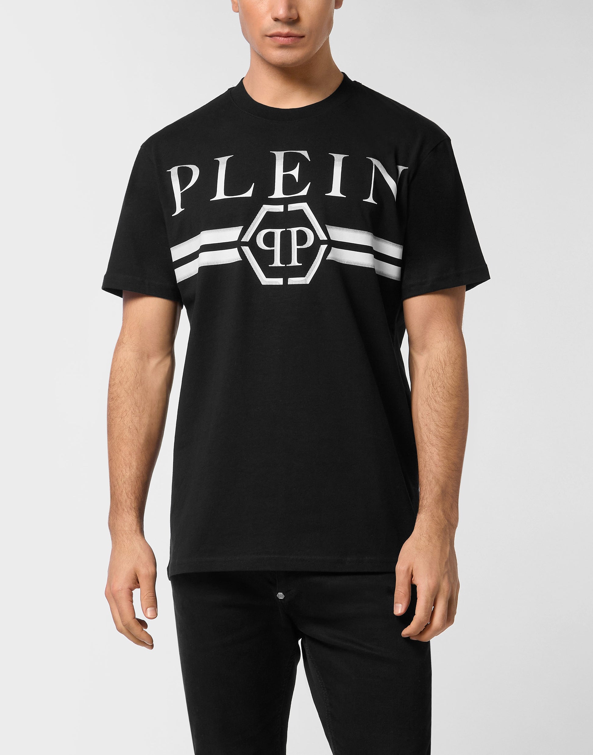 Philipp Plein round neck t-shirt with stripes, a must-have garment. Available at Lestyle Boutique Melbourne