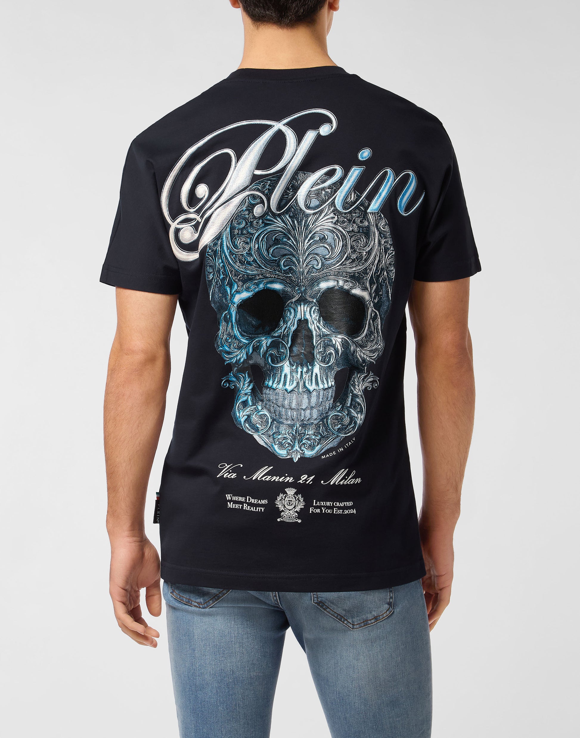 PHILIPP PLEIN ROUND NECK T-SHIRT with gradient skull design, available at Lestyle Boutique Melbourne