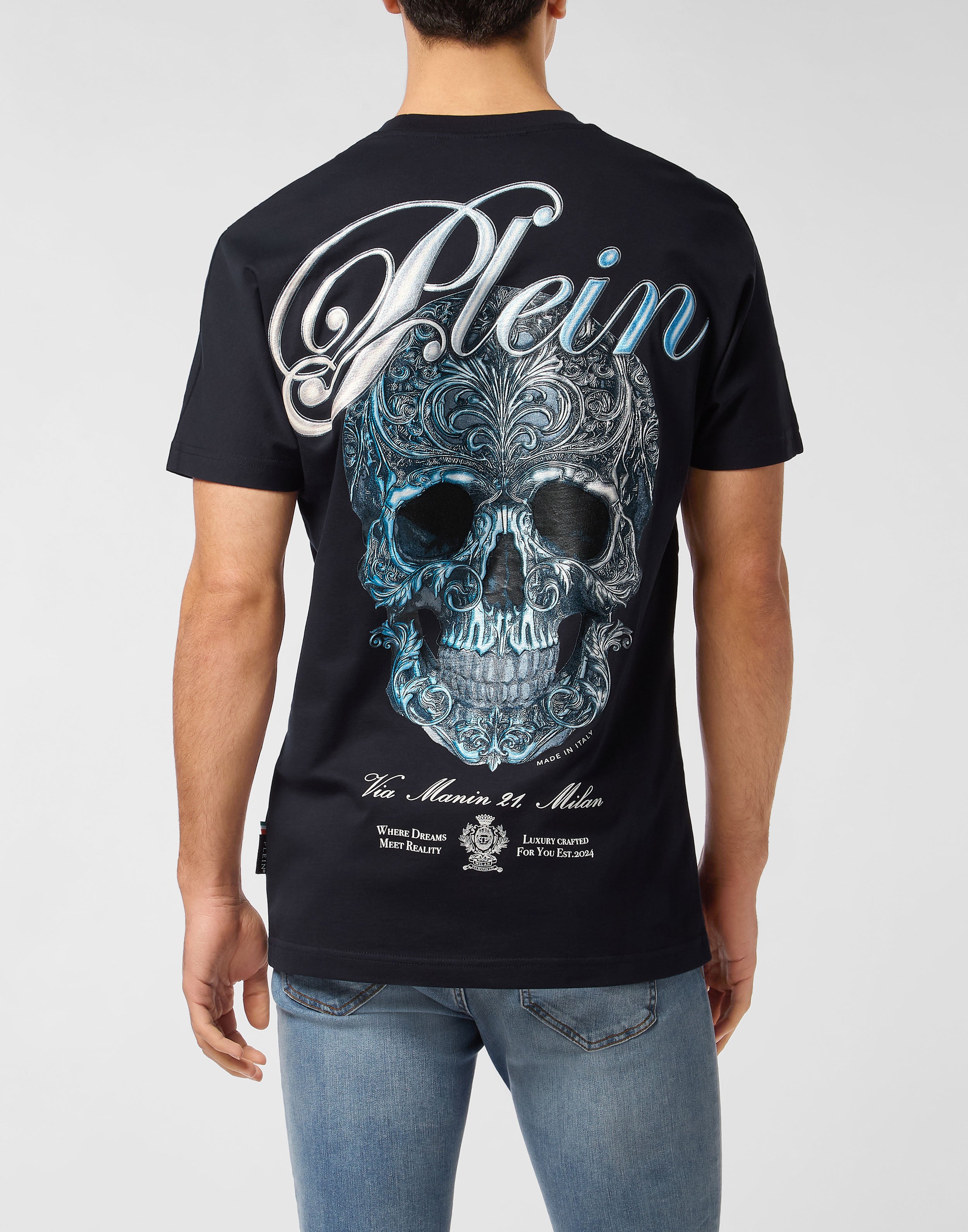 PHILIPP PLEIN ROUND NECK T-SHIRT with gradient skull design, available at Lestyle Boutique Melbourne