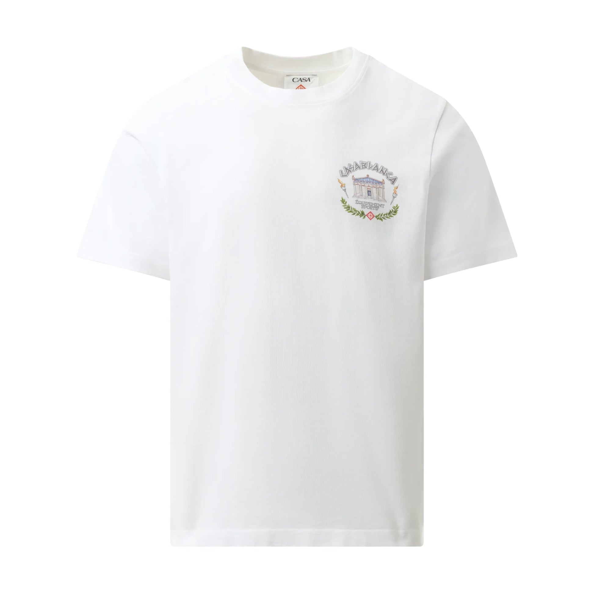 Casablanca Le Temple Du Sport Printed T-Shirt in White, made from organic cotton with a logo print, available at Lestyle Boutique.