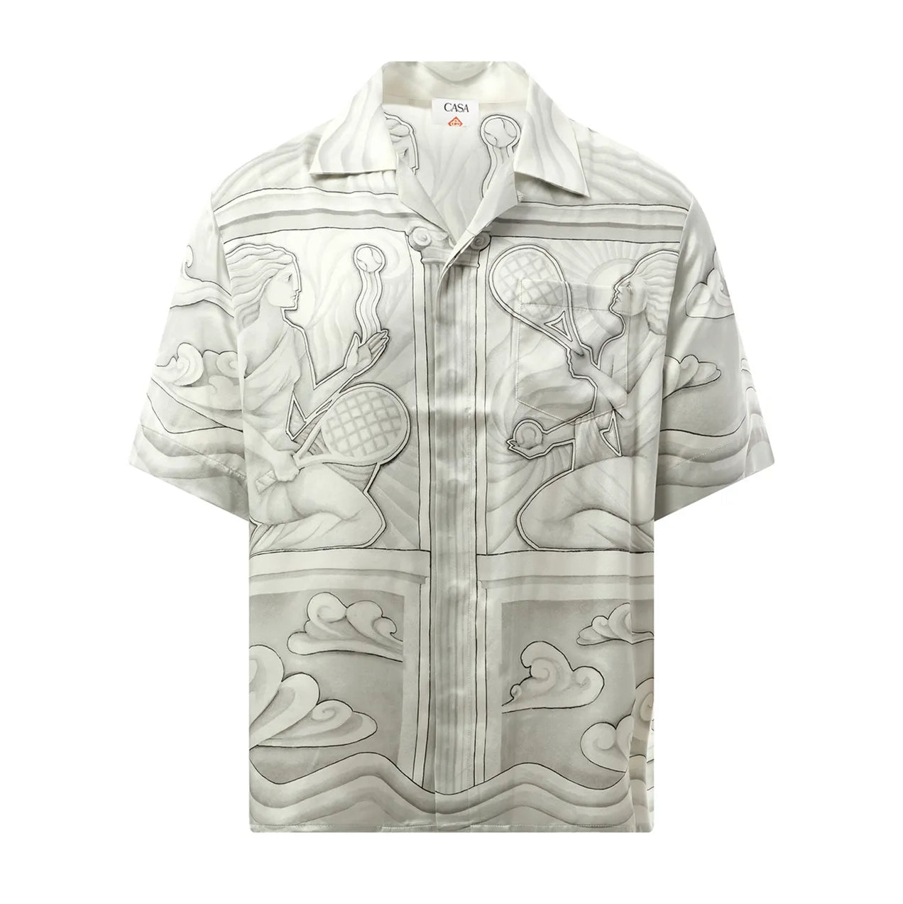 Casablanca Sacred Stone Cuban Collar Shirt in Grey, crafted from premium silk with an elegant pattern, available at Lestyle Boutique.