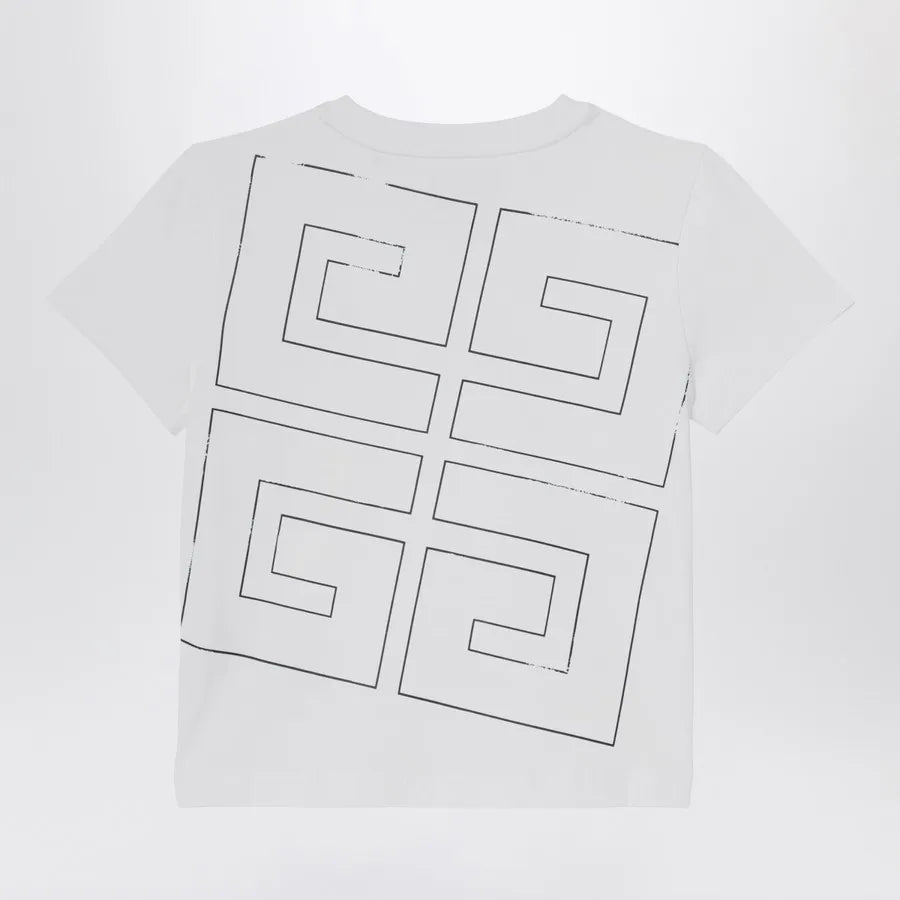 Givenchy white t-shirt featuring a dark 'GIVENCHY' and four-star logo on the front left chest and a large dark geometric 4G graphic print on the back, available at Lestyle Boutique 136 Little Collins St.