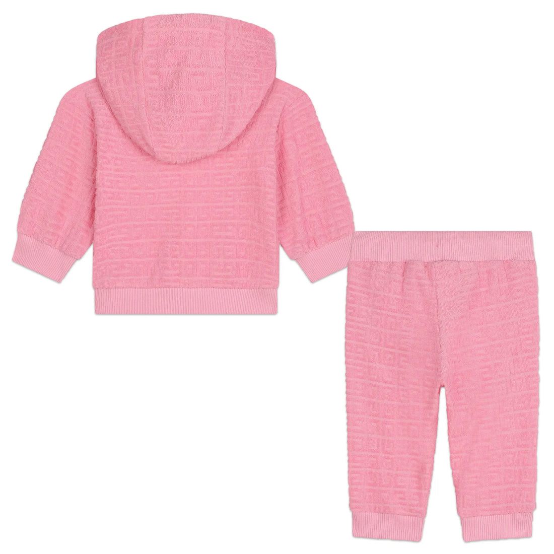 Givenchy pink terry cloth cotton tracksuit set, featuring a textured 4G motif, hooded zip cardigan with kangaroo pocket, and matching drawstring trousers, available at Lestyle Boutique 136 Little Collins St.