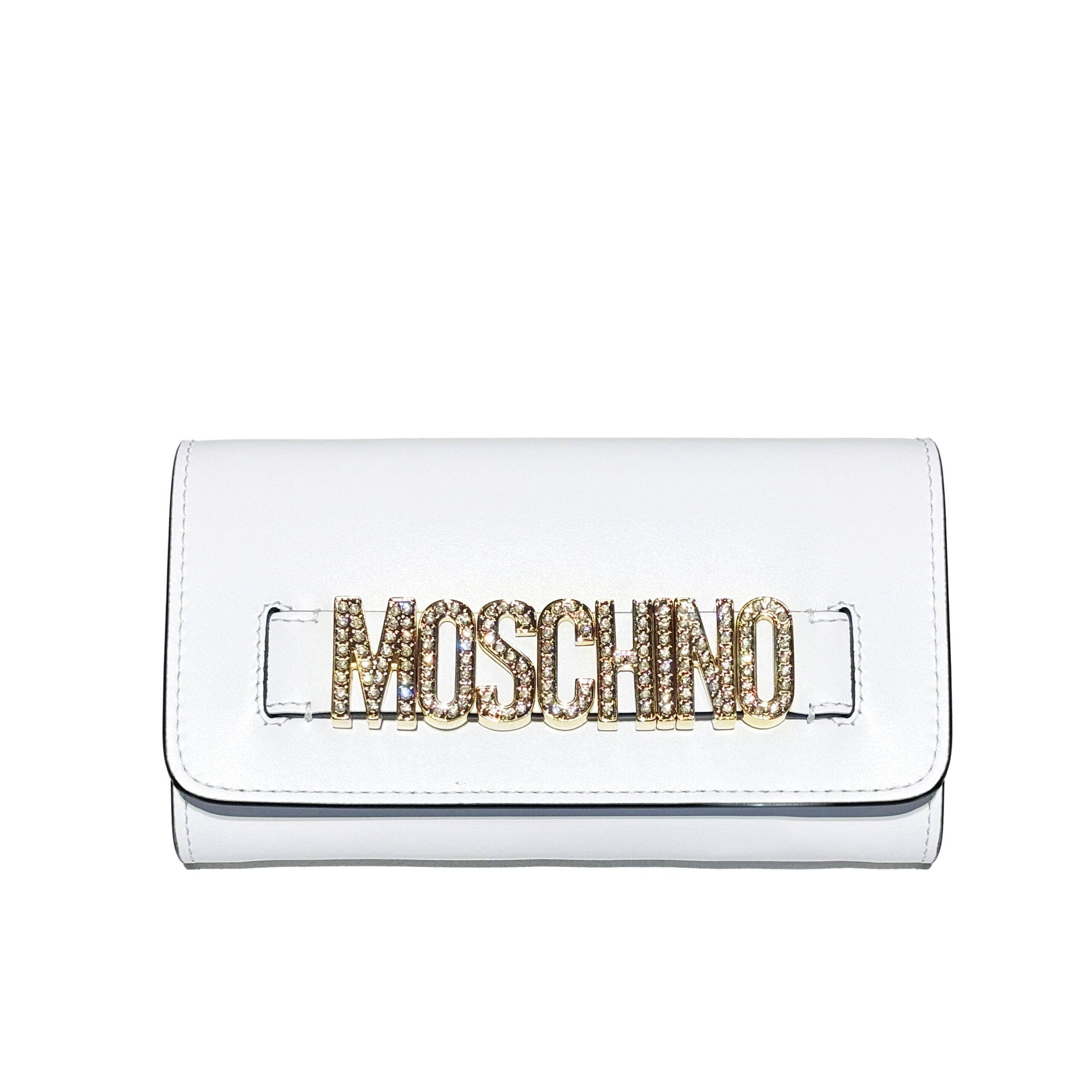Moschino white clutch bag with gold-plated rhinestone logo, available at Lestyle Boutique Melbourne. A glamorous choice for evening events.
