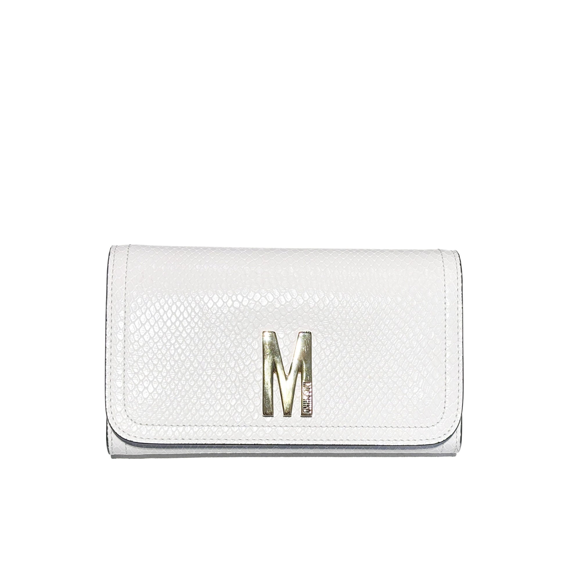 Moschino white textured leather clutch bag with gold "M" logo plaque, available at Lestyle Boutique Melbourne. A stylish and sophisticated choice for formal occasions.