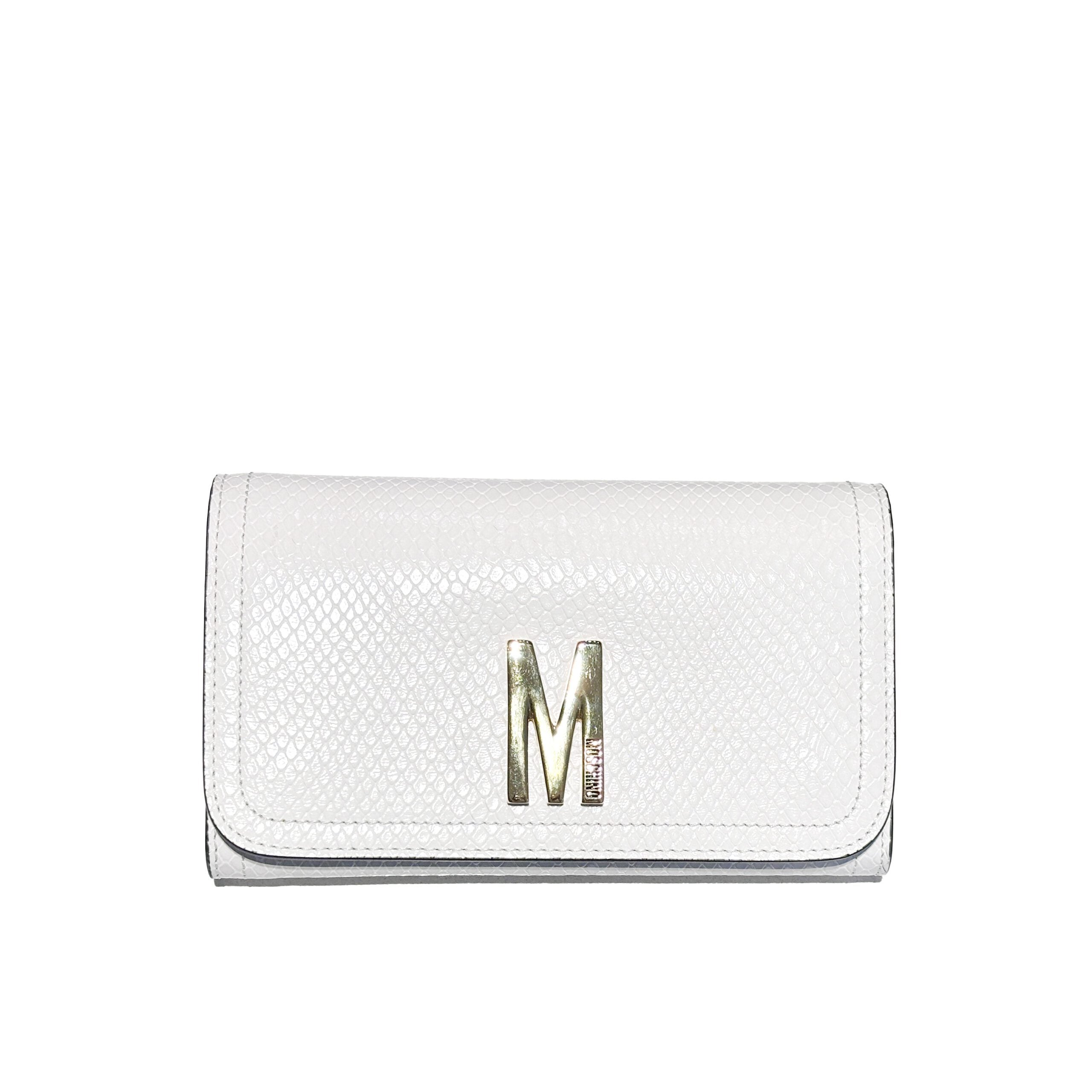Moschino white textured leather clutch bag with gold "M" logo plaque, available at Lestyle Boutique Melbourne. A stylish and sophisticated choice for formal occasions.