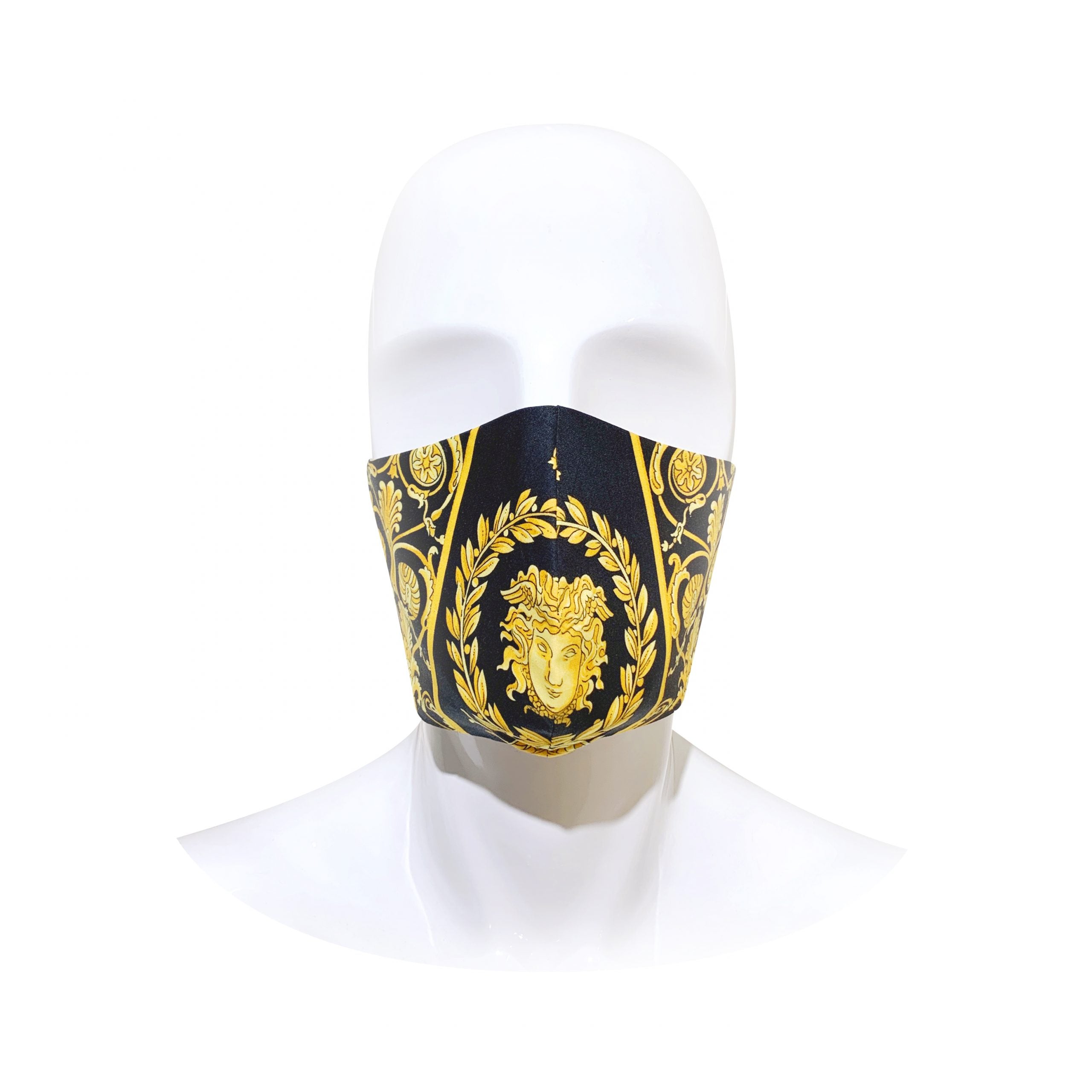 Medusa Baroque pattern cotton face mask with gold accents, featuring a luxurious Medusa design for stylish protection, perfect for hay fever and pollen season - Lestyle Boutique Melbourne