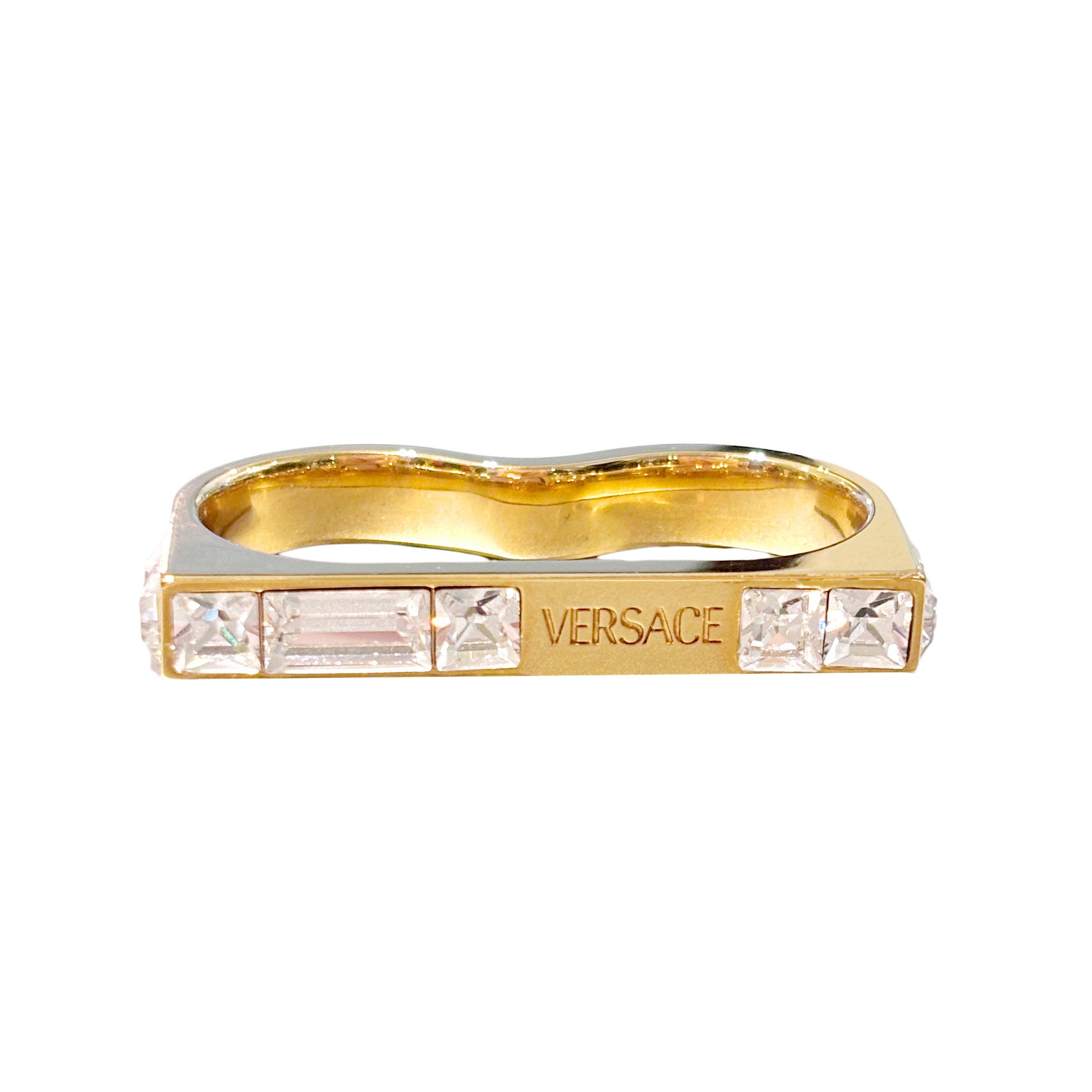 Versace Crystal-Embellished Double Ring in gold-tone brass with striking crystal embellishments and an engraved logo, available at Lestyle Boutique.
