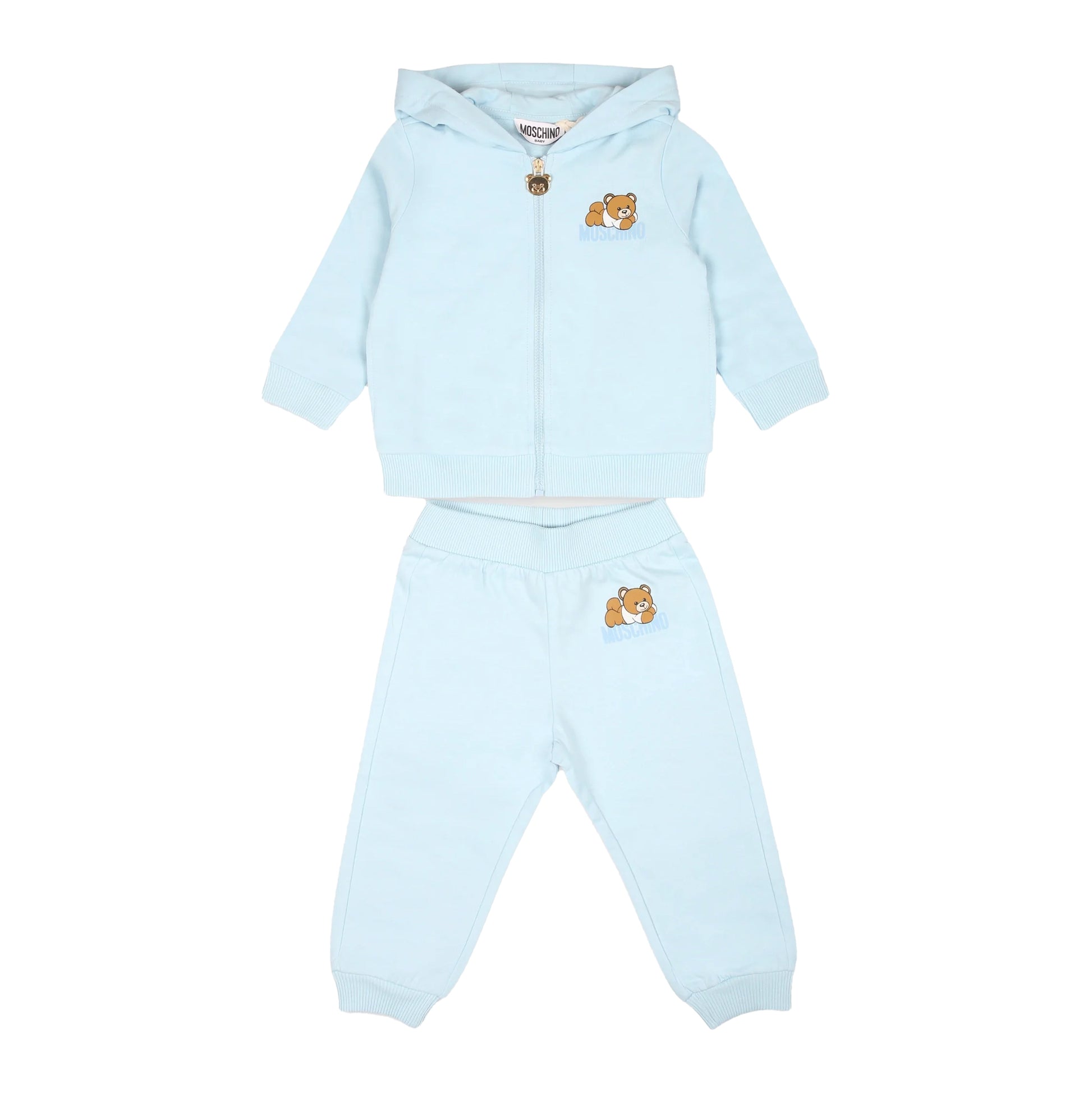 Moschino Kids light blue tracksuit featuring a zip-up hoodie and matching pants with teddy bear motifs, available at Lestyle Boutique Melbourne.