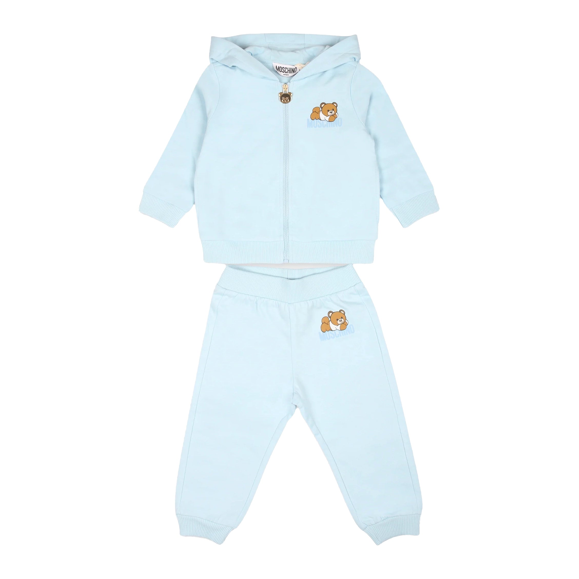 Moschino Kids light blue tracksuit featuring a zip-up hoodie and matching pants with teddy bear motifs, available at Lestyle Boutique Melbourne.