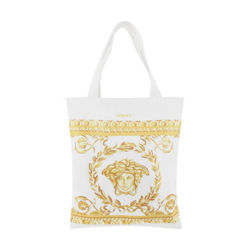 Versace Kids Medusa Tote Bag in white and gold, featuring the iconic Medusa motif and Barocco print with a spacious design, available at Lestyle Boutique.