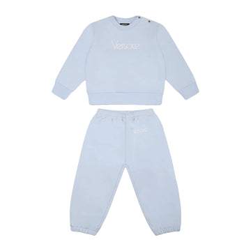 Versace Baby Boy Light Blue Logo Sweatshirt Set in a soft cotton blend, featuring an embroidered logo, ribbed cuffs, and an elasticated waist, available at Lestyle Boutique.