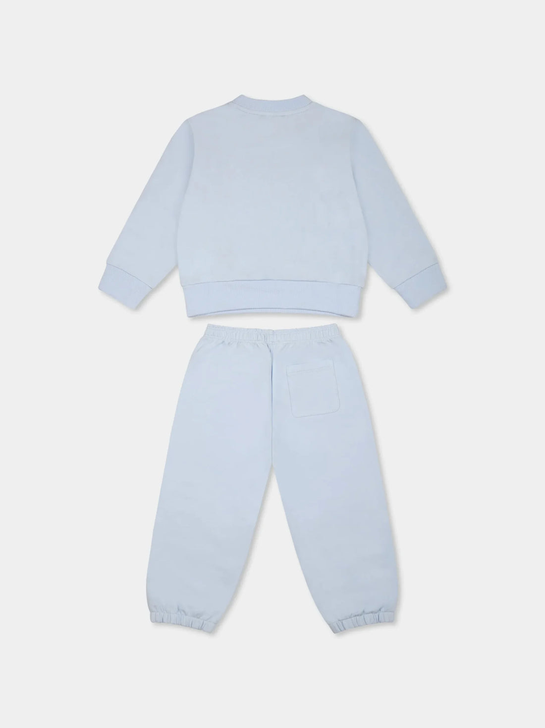 Versace Baby Boy Light Blue Logo Sweatshirt Set in a soft cotton blend, featuring an embroidered logo, ribbed cuffs, and an elasticated waist, available at Lestyle Boutique.