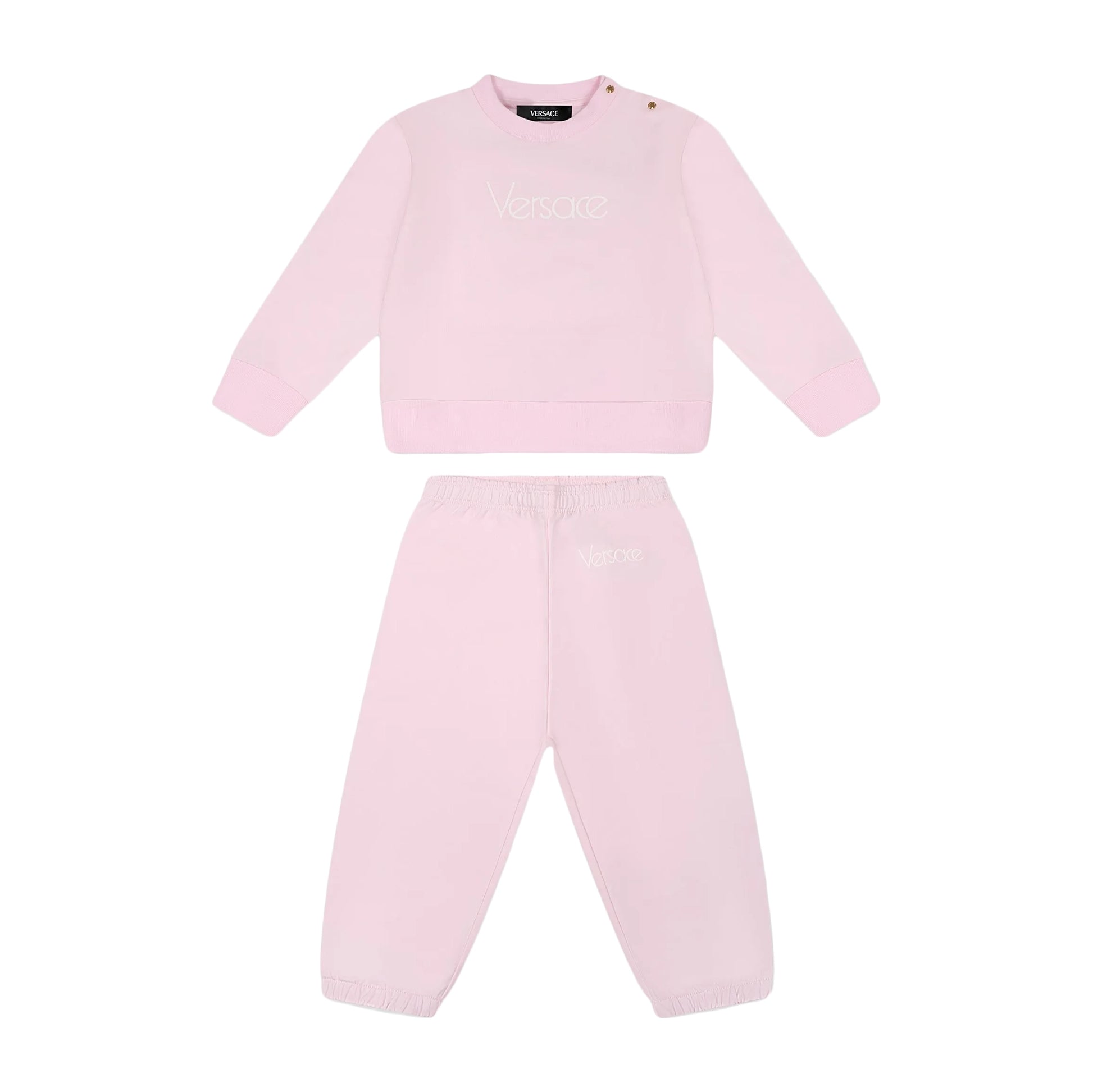 Versace Baby Girl Pink Logo Sweatshirt Set in a soft cotton blend, featuring an embroidered logo, ribbed cuffs, and an elasticated waist, available at Lestyle Boutique.