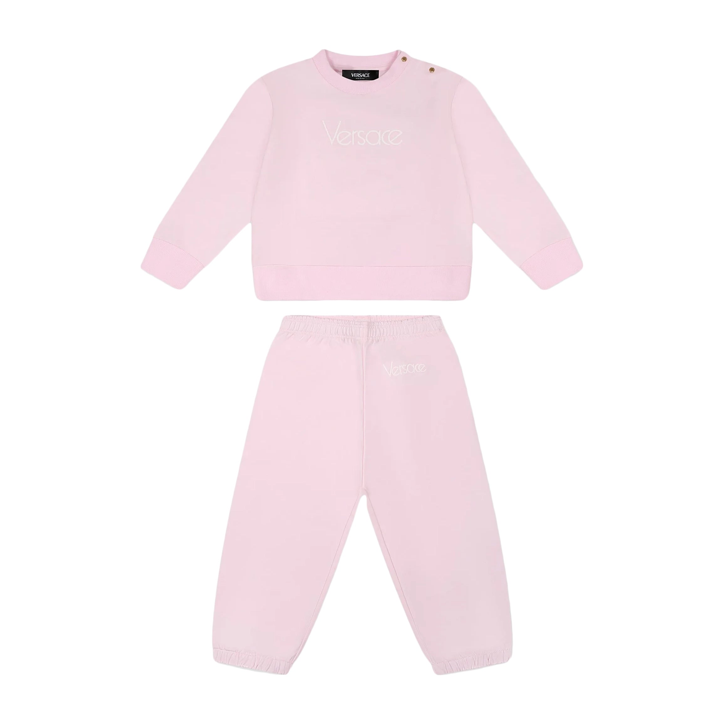 Versace Baby Girl Pink Logo Sweatshirt Set in a soft cotton blend, featuring an embroidered logo, ribbed cuffs, and an elasticated waist, available at Lestyle Boutique.