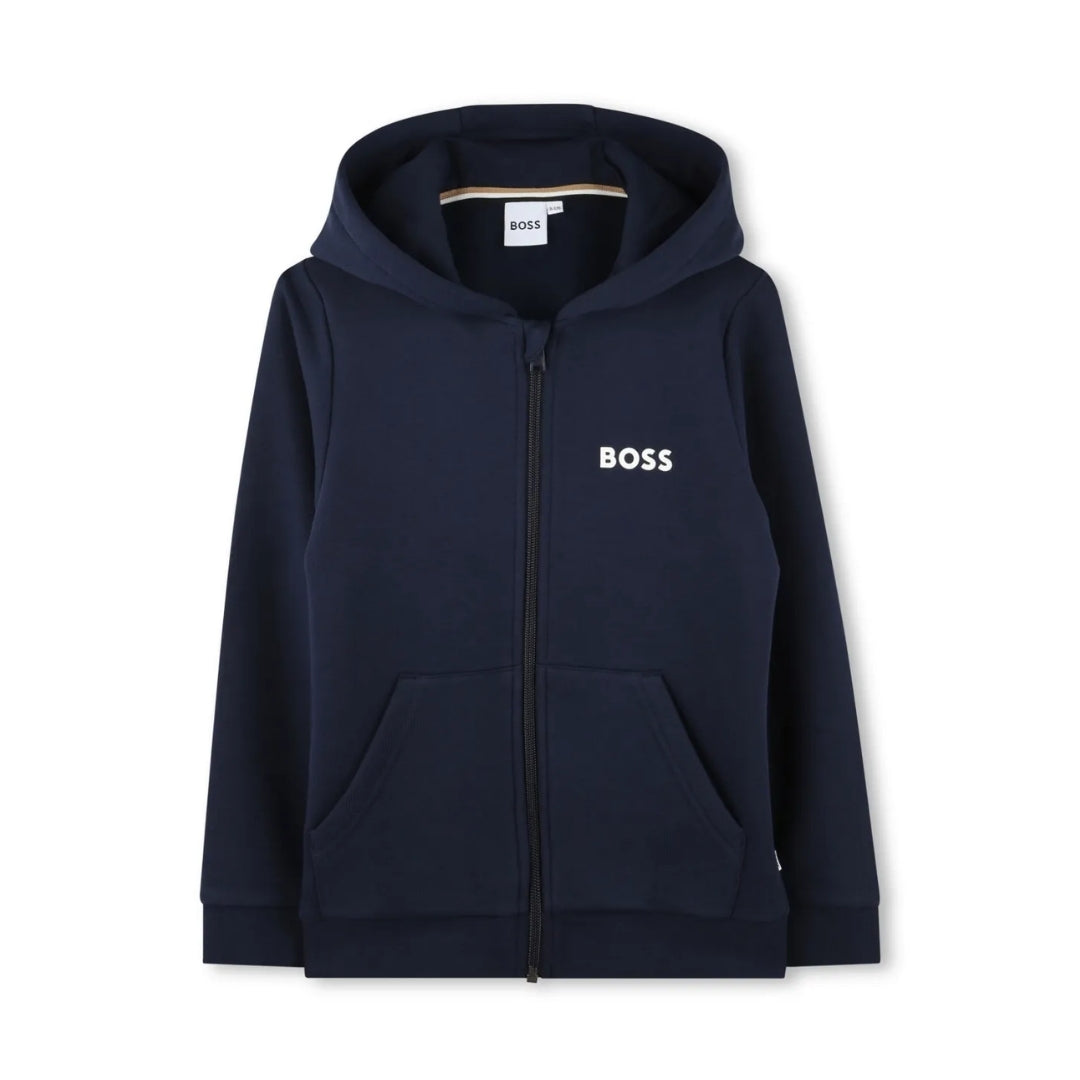 BOSS Kidswear navy blue cotton blend fleece zip-up hoodie with a logo print at the chest, slouchy hood, and front pouch pockets, available at Lestyle Boutique 136 Little Collins St.