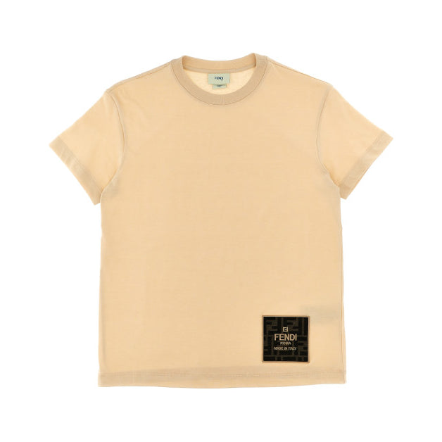 Fendi Kids beige t-shirt with a signature FF logo patch on the lower front, offering a sophisticated touch for young fashion enthusiasts, available at Lestyle Boutique Melbourne.