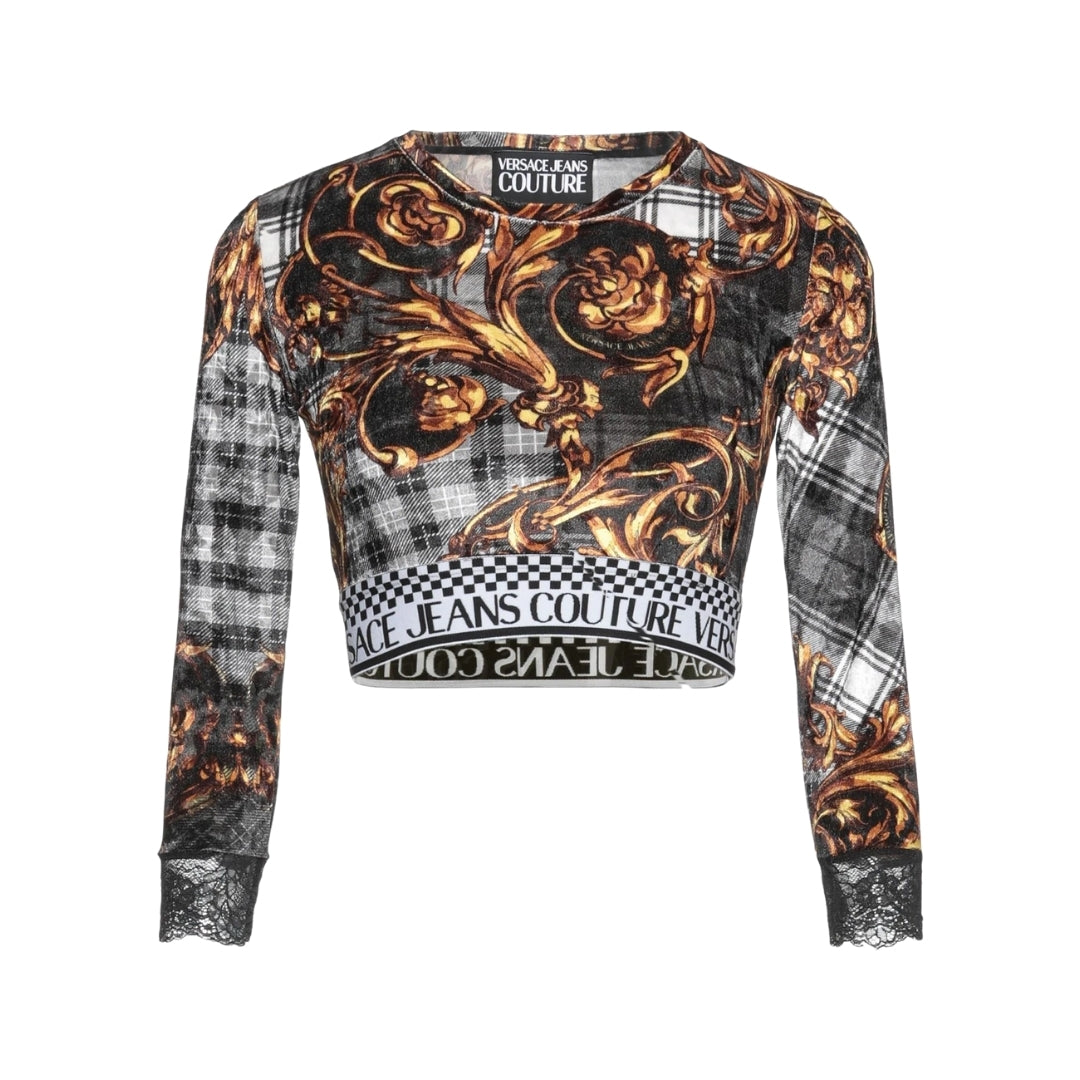 Versace Jeans Couture Highland print velvet crop top in a polyester blend featuring three-quarter sleeves with lace trim and an elastic logo hem band, available at Lestyle Boutique 136 Little Collins St.