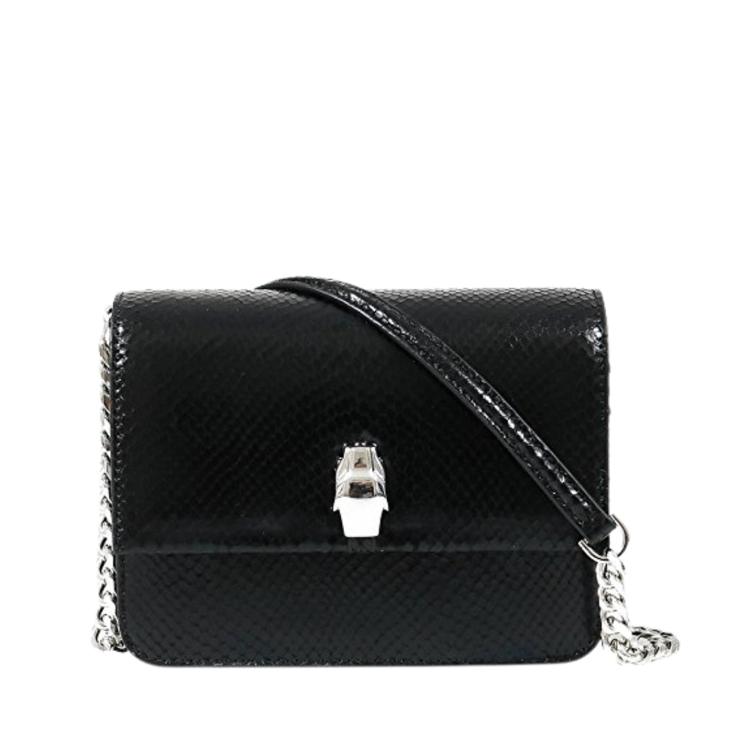 Roberto Cavalli Class black snake-embossed small shoulder bag with a silver-tone snake head clasp and chain-detail strap, available at Lestyle Boutique 136 Little Collins St.