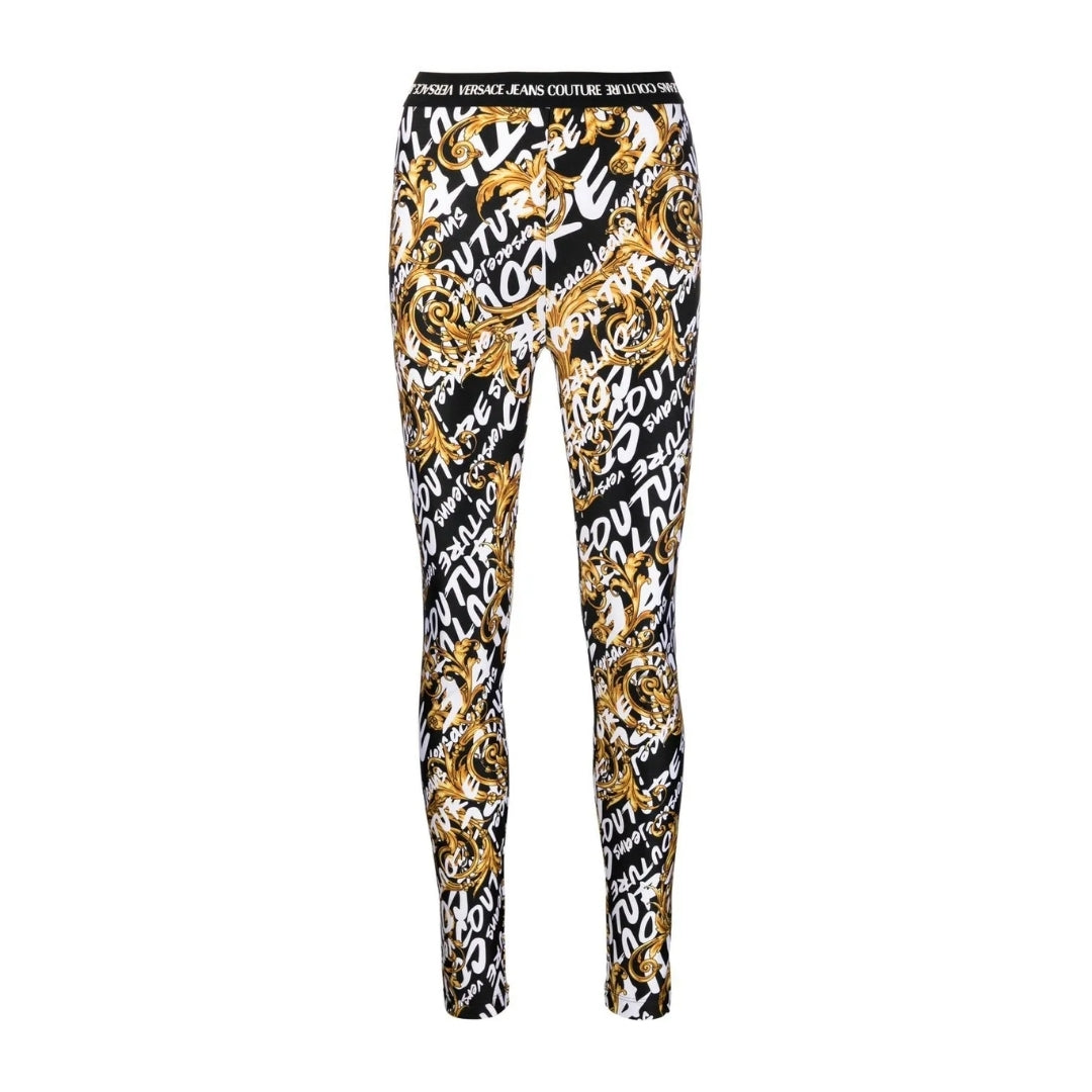 Versace Jeans Couture logo and baroque print leggings in a black, gold, and white polyamide-elastane blend with an elasticated waistband, Made in Italy, available at Lestyle Boutique 136 Little Collins St.
