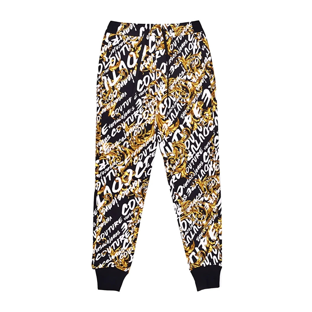 Versace Jeans Couture multicolor Brush Couture print sweatpants in 100% cotton featuring a drawstring waist, zip pockets, and ribbed cuffs, available at Lestyle Boutique 136 Little Collins St.