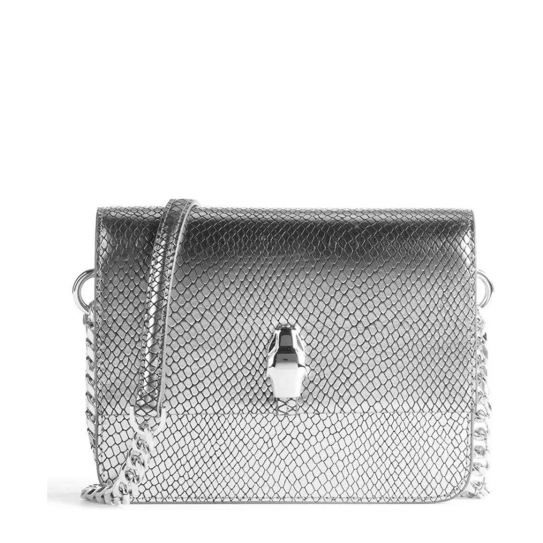 Cavalli Class shimmery silver textured chain bag featuring a silver-tone snake head clasp closure, available at Lestyle Boutique 136 Little Collins St.